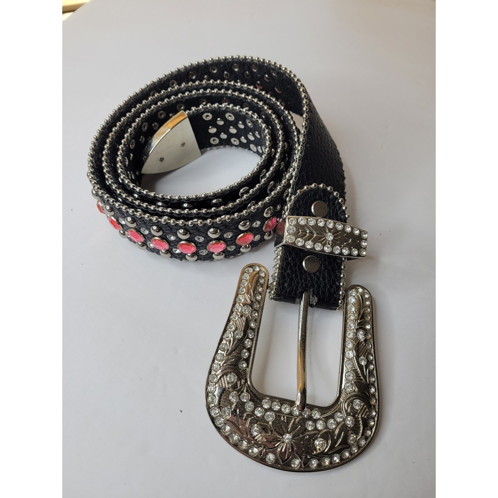 Womens XL Western Rhinestone Studded Leather Belt Black Pink Silver Buckle 44x2